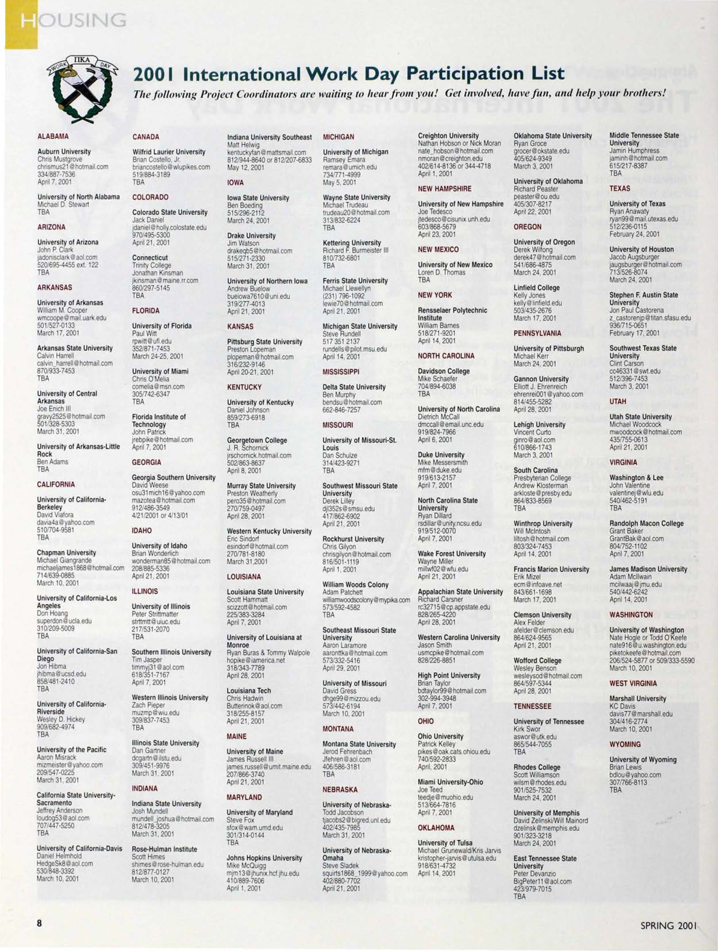 Housing: 2001 International Work Day Participation List, Spring 2001
